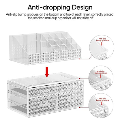 Awenia 2 Pack Makeup Organizer with Drawers[Upgraded]-Acrylic Make up Organizers and Storage Case for Cosmetics,Brush,Perfume,Jewelry Display, Vanity and Bathroom Accessories