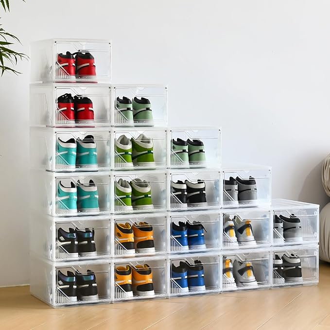 Large Shoe Boxes Clear Plastic Stackable，Drop Front Shoe Box with Clear Door, Shoe Containers For Sneaker Display,Fit up to US Size12 (white clear-Conjoined structure, 6 pack)