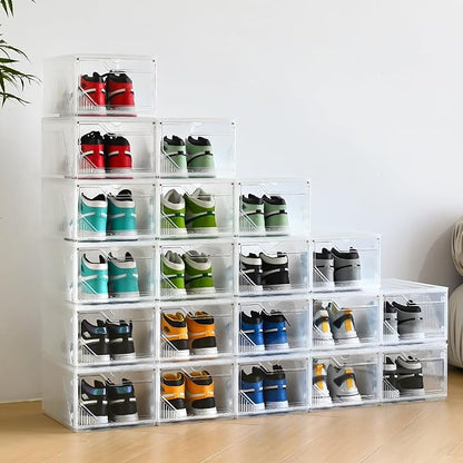 Large Shoe Boxes Clear Plastic Stackable，Drop Front Shoe Box with Clear Door, Shoe Containers For Sneaker Display,Fit up to US Size12 (white clear-Conjoined structure, 6 pack)