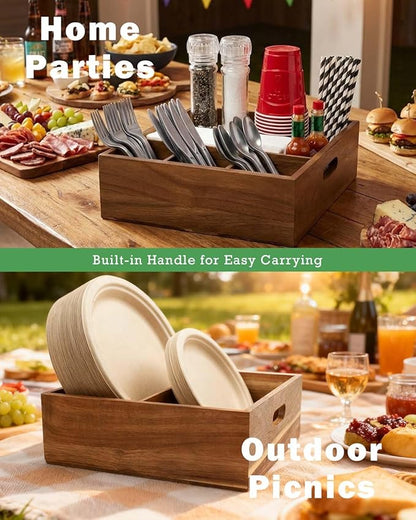 Acacia Wood Utensil Holder for Party (Set of 2) - 11" x 9.5" Utensil Caddy for Parties & Silverware Caddy for Countertop - Holds Plates, Napkins, Cups, Spoons, Forks - Kitchen Accessories