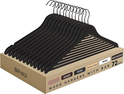 Quality Wooden Clothes Hangers, Solid Wood Suit & Coat Hangers with Pants Bars, Swivel Hook, Shoulder Notches, Heavy Duty Hangers for Shirts, Jackets, Dresses & Trousers(Black/72-Pack)