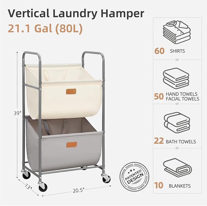 STORAGE MANIAC 80 Liters Vertical Rolling Laundry Hamper, 2 Section Laundry Sorter with Wheels and 2 Breaks, 2-tier Laundry Baskets for Small Space, Dorm, Laundry Room, Closet, Multicolored 2-tier