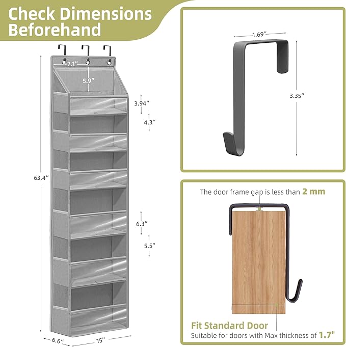 Over Door Organizer with 6 Extra Large Pockets and 12 Side Pockets, Large Capacity Hanging Storage Organizer with Clear Window for Shoes, Diapers, Grey, 6 Layers, 1-Pack