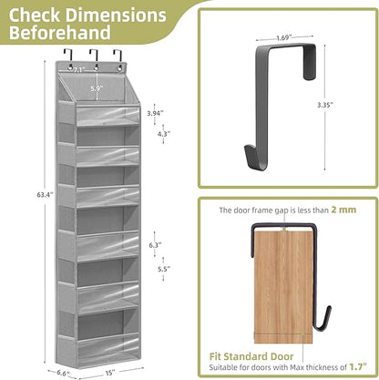 Over Door Organizer with 6 Extra Large Pockets and 12 Side Pockets, Large Capacity Hanging Storage Organizer with Clear Window for Shoes, Diapers, Grey, 6 Layers, 1-Pack