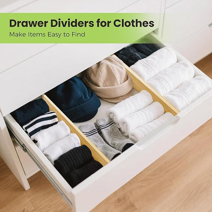 Fyvva Drawer Divider, Adjustable Bamboo Kitchen Drawer Organizer, Spring Loaded Drawer Organizer, Dresser Separators for Kitchen, Bathroom, Clothes, Office Desk Storage (Natural, 8 Pack Large)