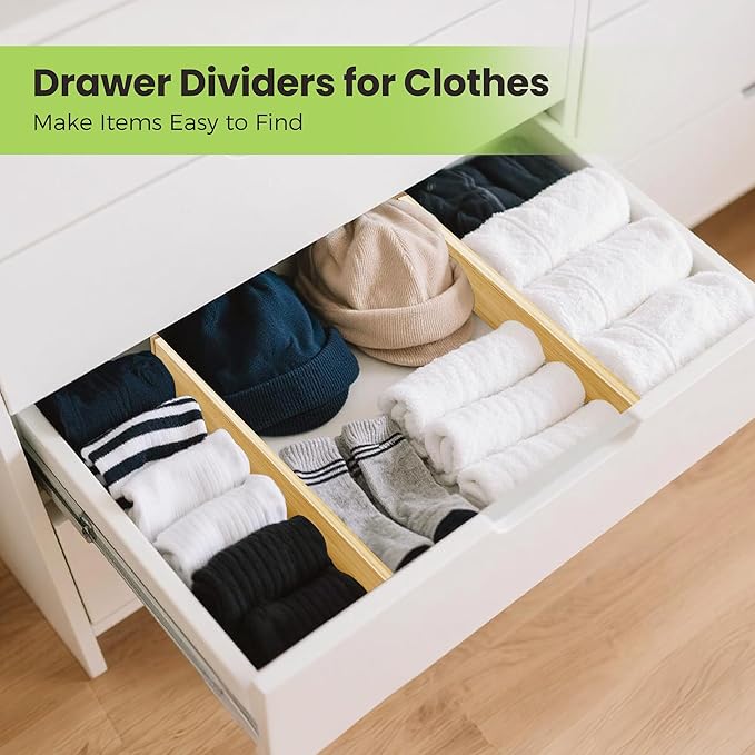 Fyvva Drawer Divider, Adjustable Bamboo Kitchen Drawer Organizer, Spring Loaded Drawer Organizer, Dresser Separators for Kitchen, Bathroom, Clothes, Office Desk Storage (Natural, 4 Pack Large)