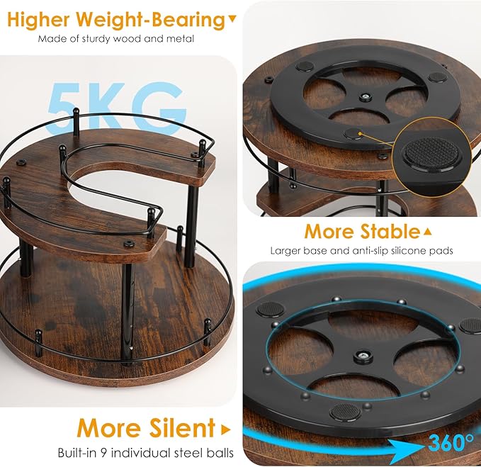 Turntable Lazy Susan Organizer Spice Rack, 2Tier Wooden Spinning Revolving Organizer Height Adjustable,12'' Seasoning Rotating Spice Rack for Cabinet,Kitchen Countertop,Dining Table,Vanity Storage