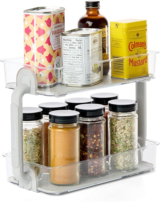 madesmart Tiered Spice Organizer, 8 Jars for Kitchen Essentials, Vertical Storage for Salt, Pepper, Cayenne, Soft-Grip Lining, Dual Handles, Grey (Pack of 3)