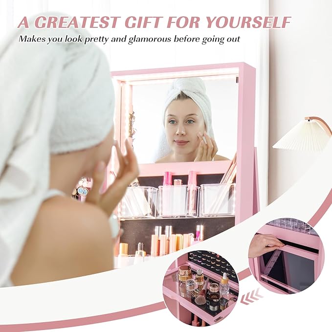 Multigot 3-Color LED Lights Jewellery Cabinet, 3-in-1 360° Swivel Jewelry Armoire with Full-Length Mirror, Lockable Cosmetic Storage Organizer for Dressing Room Living Room Bedroom (Pink)