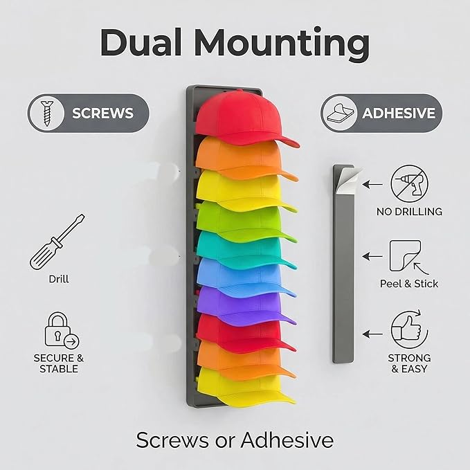 2 Packs Hat Organizer for Baseball Caps with Built-in Spring Clips - Wall Mount Closet Hat Rack Holder,Storage for Door/Closet Display Hat Racks Hanger (Strong Adhesive & Screws) Matte Black