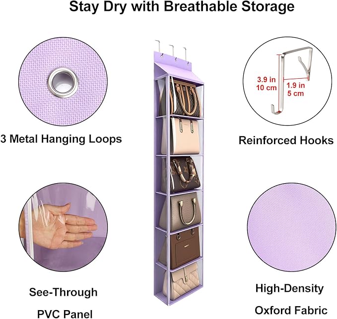 Lirex Over The Door Purse Organizer & Purse Shelf for Closet – Handbag Storage Organizer with Purse Hanger. Perfect for Scarves, Hats, and Leggings. L (15.7'' x 5.7'' x 68''), Purple