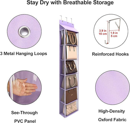 Lirex Over The Door Purse Organizer & Purse Shelf for Closet – Handbag Storage Organizer with Purse Hanger. Perfect for Scarves, Hats, and Leggings. L (15.7'' x 5.7'' x 68''), Purple