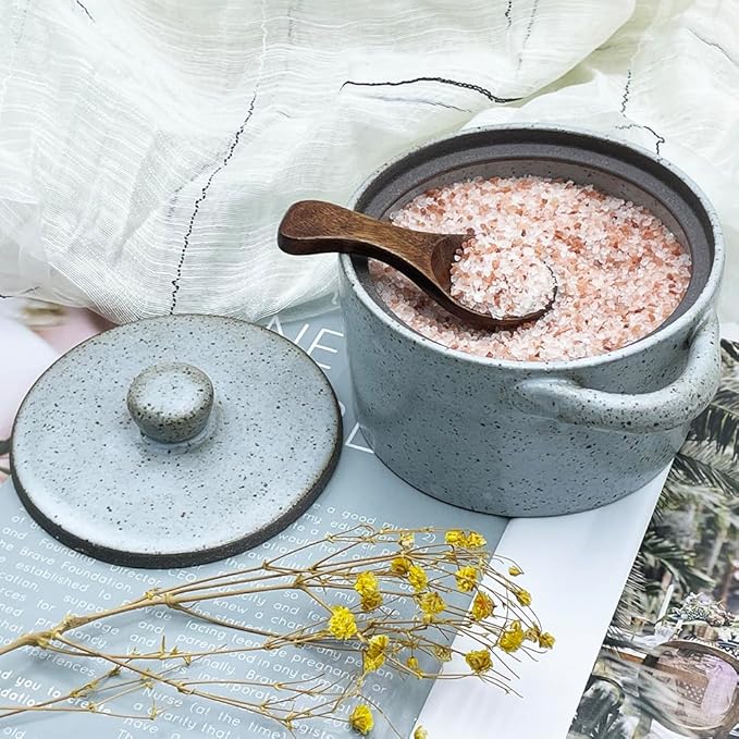 12 oz Ceramic Salt Cellar with Lid & Wooden Spoon,Countertop Salt Container,Sugar Bowl,Spices Jar| Artisan Kitchen Decor(Gray)
