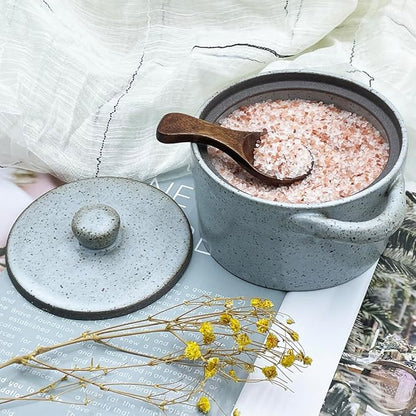 12 oz Ceramic Salt Cellar with Lid & Wooden Spoon,Countertop Salt Container,Sugar Bowl,Spices Jar| Artisan Kitchen Decor(Gray)