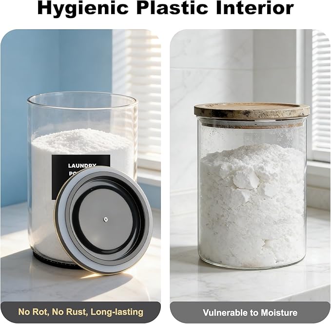 2 Pack 1 Gallon Glass Laundry Detergent Dispenser for Powder, 4L Large Laundry Pods Holder with Hygienic Plastic Lids & Metal Rim, Airtight Glass Canister Set with Scoops & Labels, Black