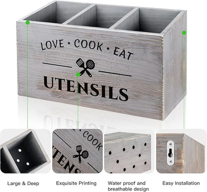 MINCORD Utensil Holder with 3 Compartments, Rustic Wood Utensil Caddy Crocks for Kitchen Counter, Farmhouse Flatware Organizer Storage Box for Silverware Fork Spoon Spatula