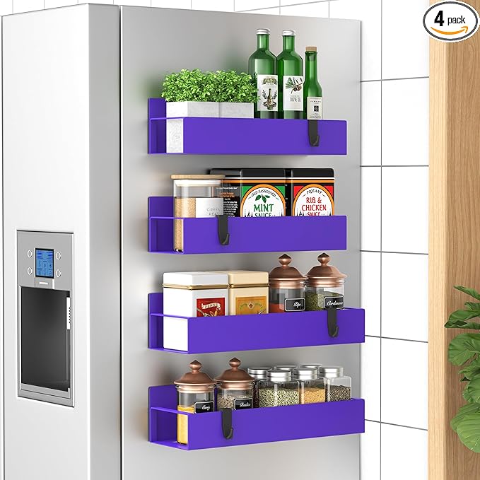 HuggieGems 4 Pack Magnetic Spice Storage Rack Organizer for Refrigerator and Oven, Purple Fridge Organizers and Storage