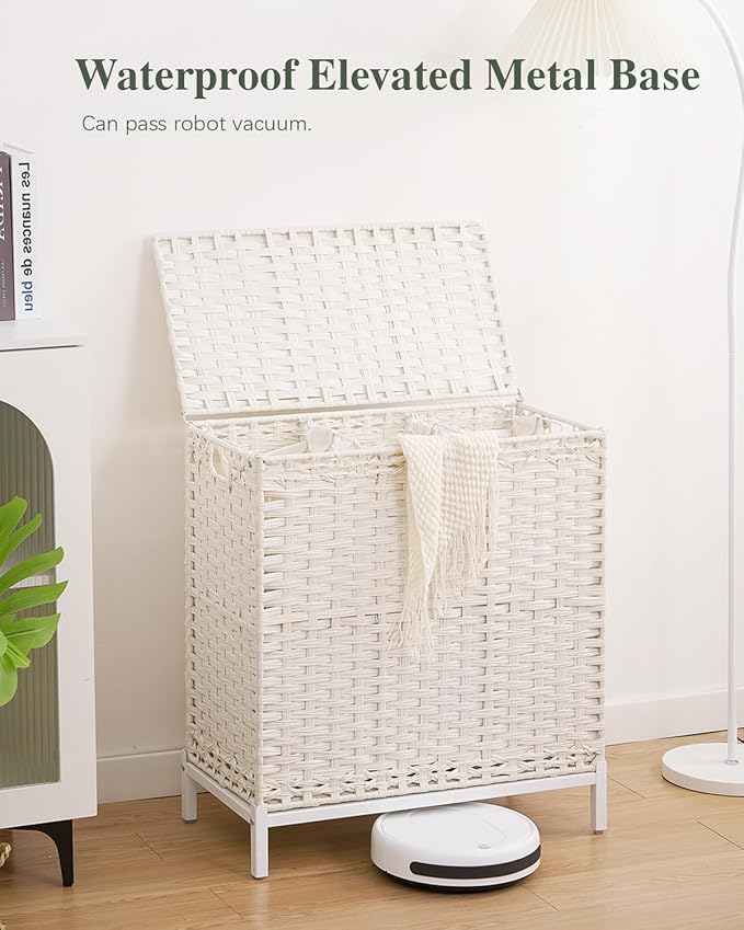 SETVSON Laundry Hamper with Lid 132 L, (35 Gallons) Clothes Hamper with Lid, Handwoven Rattan Laundry Hamper with Metal Heightened Feet, Laundry Hampers with 3 Removable Liner Bags for Laundry-White