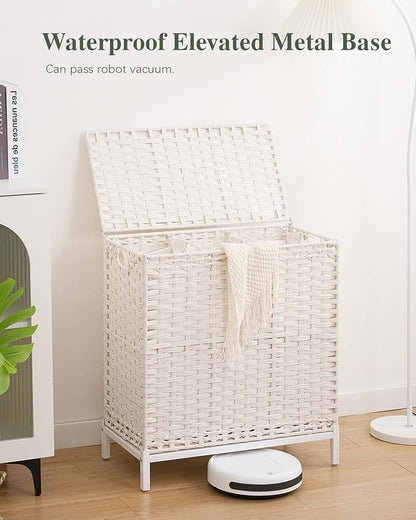 SETVSON Laundry Hamper with Lid 132 L, (35 Gallons) Clothes Hamper with Lid, Handwoven Rattan Laundry Hamper with Metal Heightened Feet, Laundry Hampers with 3 Removable Liner Bags for Laundry-White
