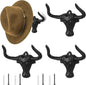 Homaisson 4 PCS Cowboy Hat Rack for Wall, Cast Iron Bull Head Hook with Longhorn, Vintage Hat Holder, Rustic Wall Coat Hanger