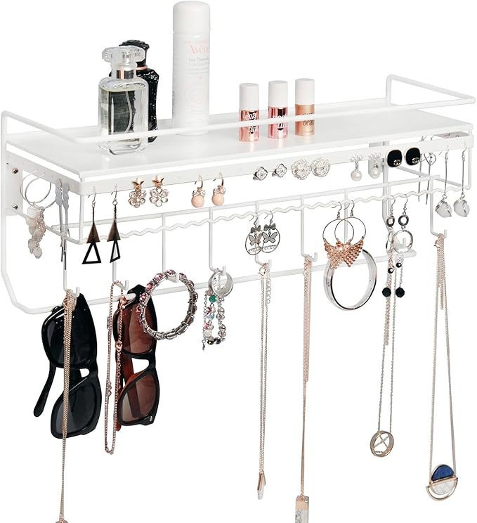 JackCubeDesign White Metal Necklace Jewelry Organizer Wall Mount Jewelry Holder Shelf Mounted Hanging Storage Hooks for Necklace, Earrings, Sunglasses, and Aesthetic Room Decor – MK238B