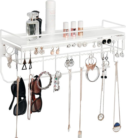 JackCubeDesign White Metal Necklace Jewelry Organizer Wall Mount Jewelry Holder Shelf Mounted Hanging Storage Hooks for Necklace, Earrings, Sunglasses, and Aesthetic Room Decor – MK238B