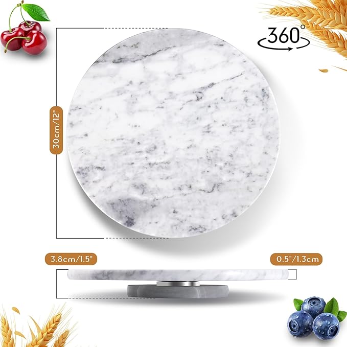 12" Mable Lazy Susan, 100% Natural Marble Round Tray with Silent Rotating, Kitchen Turntable Storage Turner Revolving Cake Leveler Spinner for Cupcake, Food, Seasoning