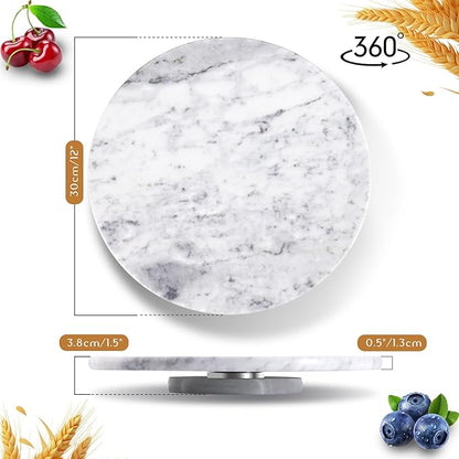 12" Mable Lazy Susan, 100% Natural Marble Round Tray with Silent Rotating, Kitchen Turntable Storage Turner Revolving Cake Leveler Spinner for Cupcake, Food, Seasoning