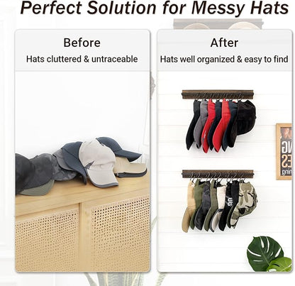 Mkono Hat Rack for Wall Wooden Baseball Caps Organizer with 20 Hooks Rustic Cowboy Hanger Mounted Hats Display Closet Bedroom Entryway, Set of 2, Brown