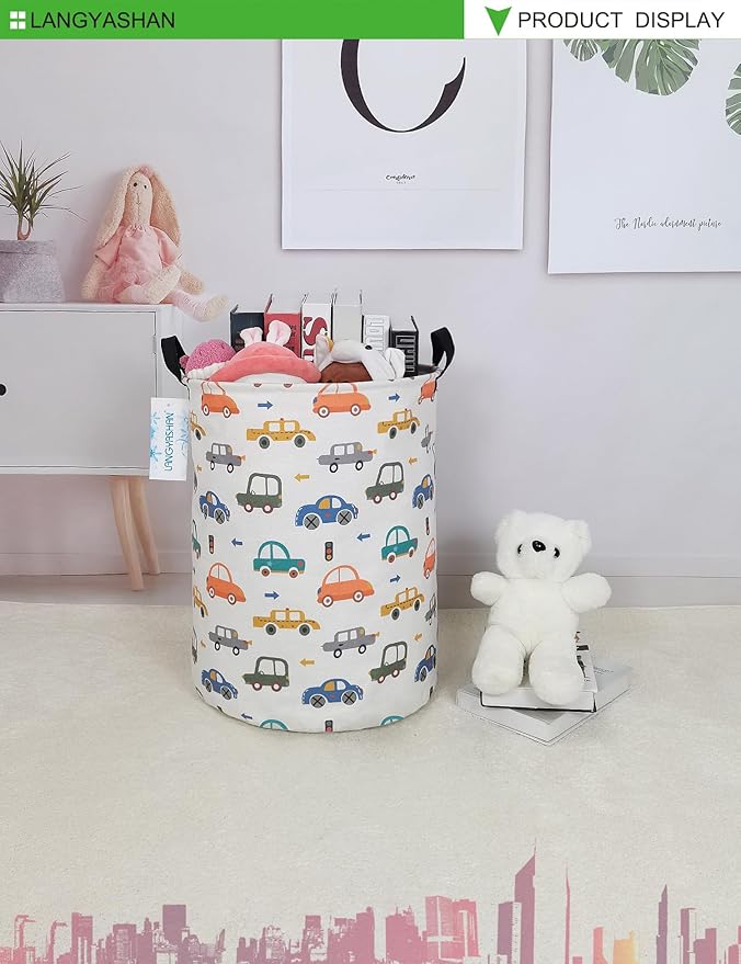 Laundry Basket Canvas Fabric Collapsible Organizer Basket for Storage Bin Toy Bins Gift Baskets Bedroom Clothes Children Nursery Hamper (Round Color Cars)