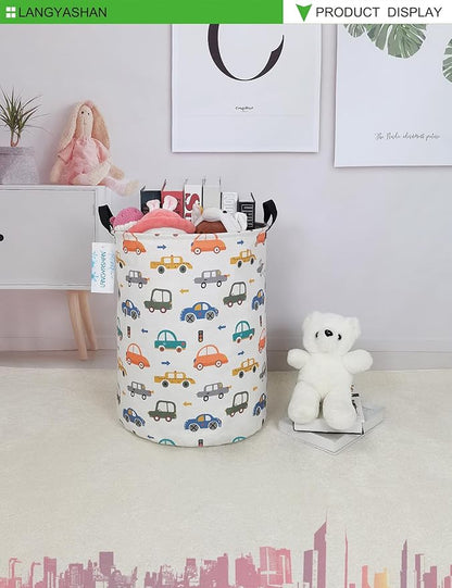 Laundry Basket Canvas Fabric Collapsible Organizer Basket for Storage Bin Toy Bins Gift Baskets Bedroom Clothes Children Nursery Hamper (Round Color Cars)