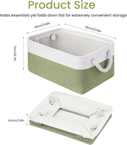 Storage Baskets for Shelves 13.8x9.8x6.7 Inch, Foldable Fabric Storage Bins with Handles, Small Storage Baskets for Organizing Closet, Office, Home Organization (3-Pack, White&Green)