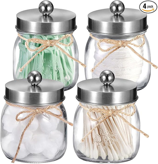 SheeChung 4 Pack Apothecary Jars with Lids, Bathroom Organizers and Storage, Qtip Holders Set, Bathroom Decor, Small Mason Jars for Q-tips, Cottons, Floss, Balls, Cotton Swabs-Brushed Steel