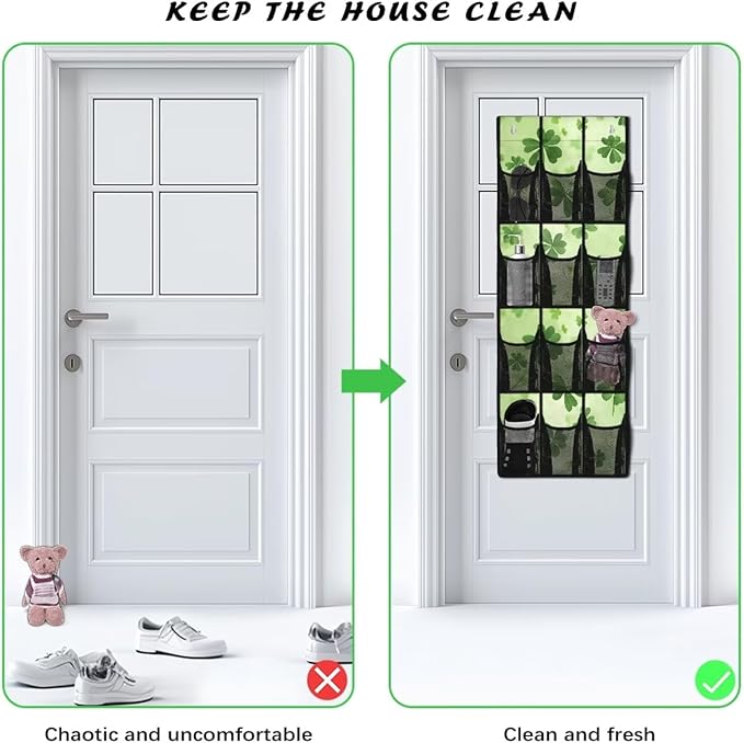 Over the Door Organizer with 12 Mesh Pockets, Storage Hanging Bag Behind the Door for Shoes Toys Cleaning Supplies, Perfect for Bedroom Bathroom or College Dorm, Lucky Leaves