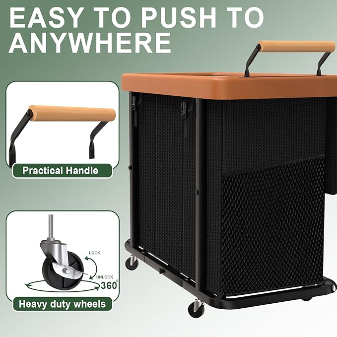 230L (60 Gal) Extra Large Fashion Laundry Sorter 3 Section with Lid, Rolling Laundry Basket Hamper with Handle, Laundry Organizer Storage Cart with Sturdy Metal Frame for Laundry Room, Hotel, Black