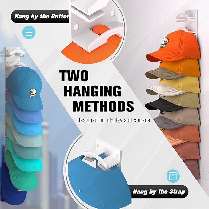 2 Pack Hat Organizer for Baseball Caps, Hat Rack for Wall with Strong Adhesive, Hold Up to 20 Hats, Hat Rack for Door Closet, Multi-Tier Hat Organizer, Two Mounting Options (White)