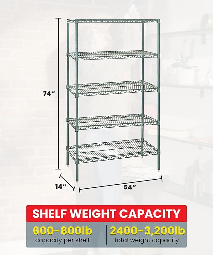 Quantum Storage Systems WR74-1454P Wire Shelving Starter Kit, 54" W x 14" D x 74" H, 600 lbs Capacity, Carbon Steel, Epoxy Coated, Green, NSF