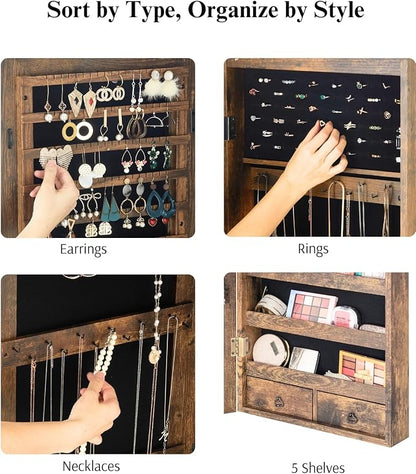 BTEXPERT 47" Mirror Jewelry Cabinet Armoire with 6 LED Lights, Large Full Length Jewelry Organizer with Storage, Wall-Mounted or Door-Hanging Mirror Cabinet, Rustic Brown,Lock Key