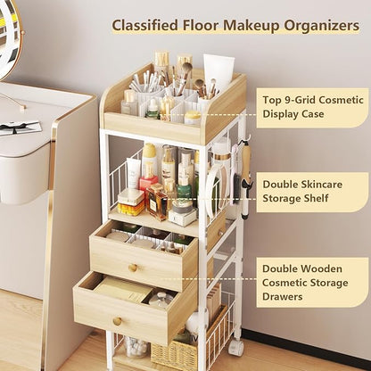 Makeup Organizer Cart, Rolling Floor Skincare Organizer and Storage with 2 Wooden Drawers, Cosmetics Display Cases Holder for Skin Care Perfume Hair Tools Nail Polish