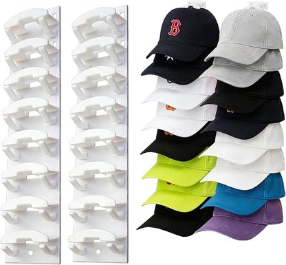 2 Pack Hat Organizer for Baseball Caps, Hat Rack for Wall with Strong Adhesive, Hold Up to 20 Hats, Hat Rack for Door Closet, Multi-Tier Hat Organizer, Two Mounting Options (White)