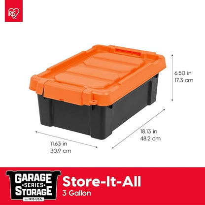 IRIS USA 3 Gallon Lockable Storage Bins with Lids, 5 Pack - Made in USA, Heavy Duty, Stackable Containers, Garage Organizing Bins Moving Tubs, Rugged Sturdy Equipment Utility Box - Black/Orange