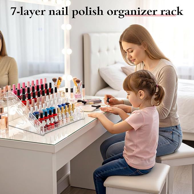 2 Pcs 7 Layers Nail Polish Organizer, Clear Plastic Nail Polish Stand Large Essential Oil Storage Holder for Cosmetic, Eyeglasses, Perfume, Jewelry, Lipstick