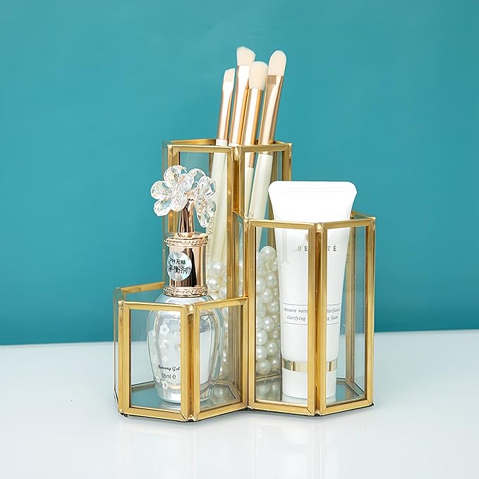 JIARI Glass Makeup Brush Holder, 3 Slots Gold Hexagon Cosmetics Organizer, Desktop Pen Pencil Pot for Office Home (Hexagon-3 Slot)