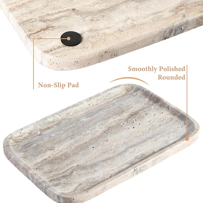 Karibiber Marble Vanity Trays, Travertine Bathroom Tray, Decorative Tray for Dresser Countertop, Grey Stone Serving Holder for Kitchen, Storage Trays for Perfume, Jewelry Candle Organizer