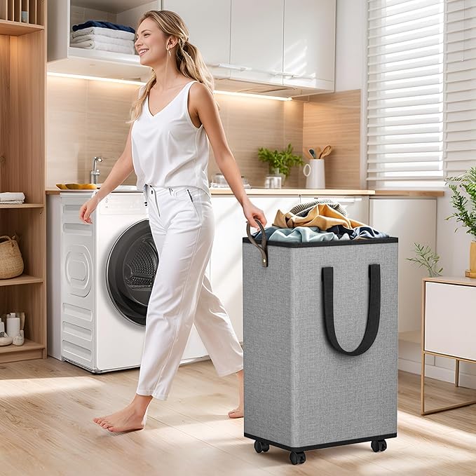 SpaceTrove Laundry Basket with Wheels, Collapsible Laundry Baskets, Laundry Hamper with Handles Detachable Wheels, Rolling Laundry Basket, Dirty Clothes Hamper for Bathroom, Dorm, Bedroom, Grey, 80L