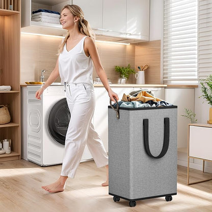 SpaceTrove Laundry Basket with Wheels, Collapsible Laundry Baskets, Laundry Hamper with Handles Detachable Wheels, Rolling Laundry Basket, Dirty Clothes Hamper for Bathroom, Dorm, Bedroom, Grey, 80L
