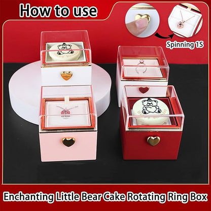 Little Bear Cake Rotating JewelryBox for Proposal - Rotating Ring Box Engagement Ring Box, Surprise Box Ring Bearer Box, necklace box for Birthday,Necklace Holder with Fabric Interior (red)