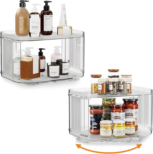 Lazy Susan Organizer for Cabinet, Pantry, Countertop (2 Tier 14" x 10" Clear - 2 Pack, Rectangular)
