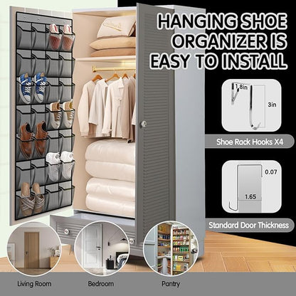 Kotkn 28 Compartment Over the Door Shoe Organizer, Breathable Mesh Large Shoe Rack for Closet Storage, Space Saving Hanging Shoe Holder with Reinforced Hooks (Fits Men & Women,Gray-01)