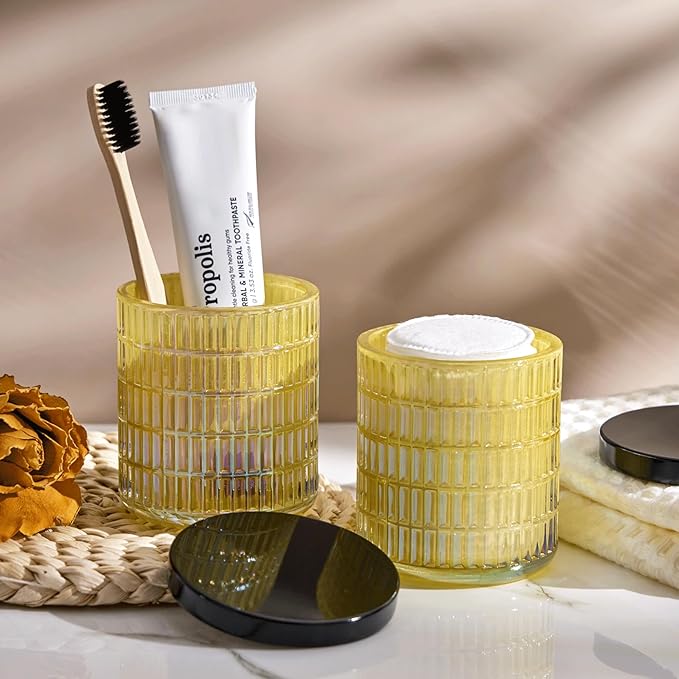 Qtip Holder for Bathroom set of 2, Clear Glass Apothecary Jars with Lids, Bathroom Canisters for Cotton Balls,Swabs,Floss Picks,Hair Ties,Vanity Organizer and Storage,Vintage Decor (Yellow)